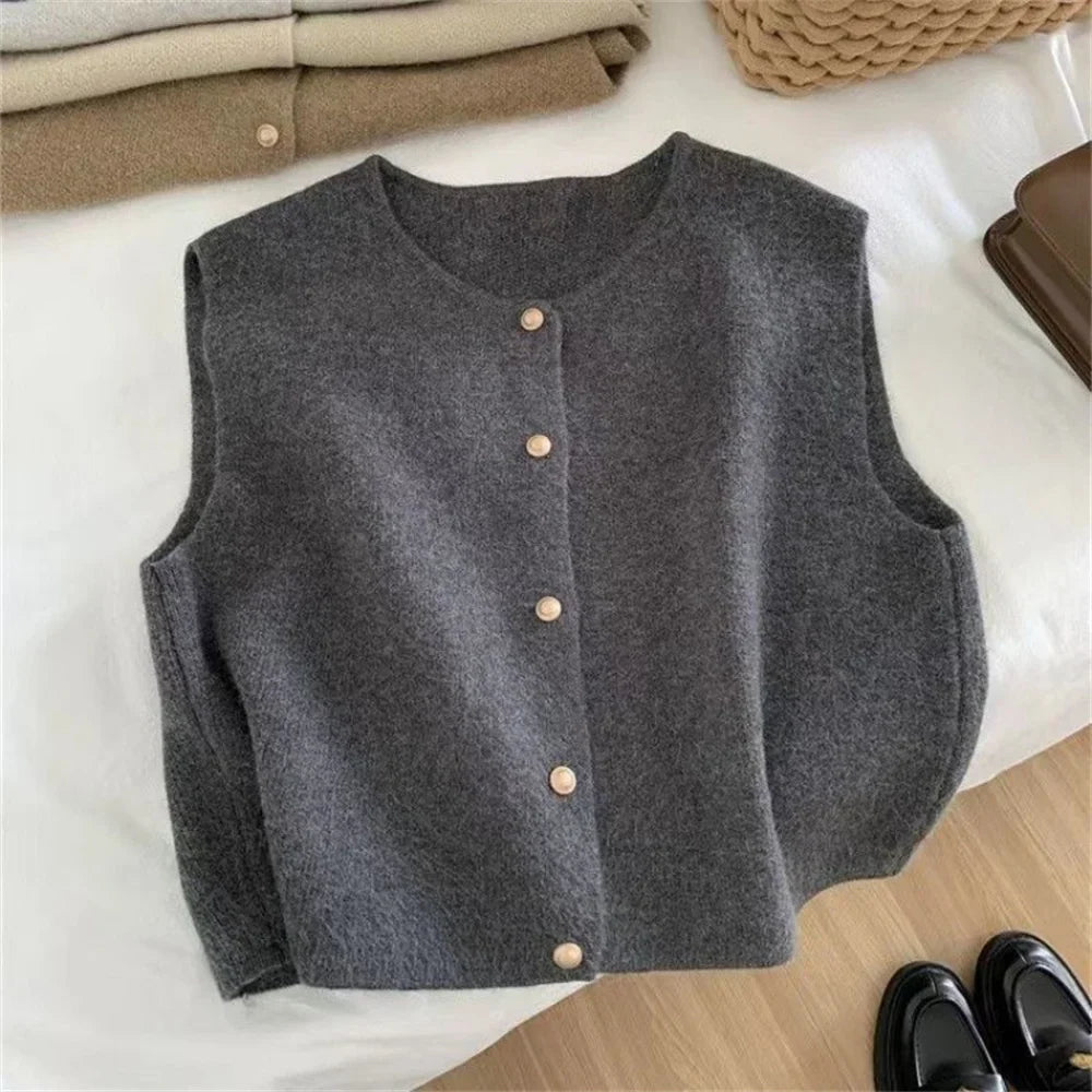 LVSANW Spring Autumn Women's Solid Button V-Neck Sleeveless Casual Fashion Office Lady Elegant Tops Sweater Knitted Cardigan Vest Coats