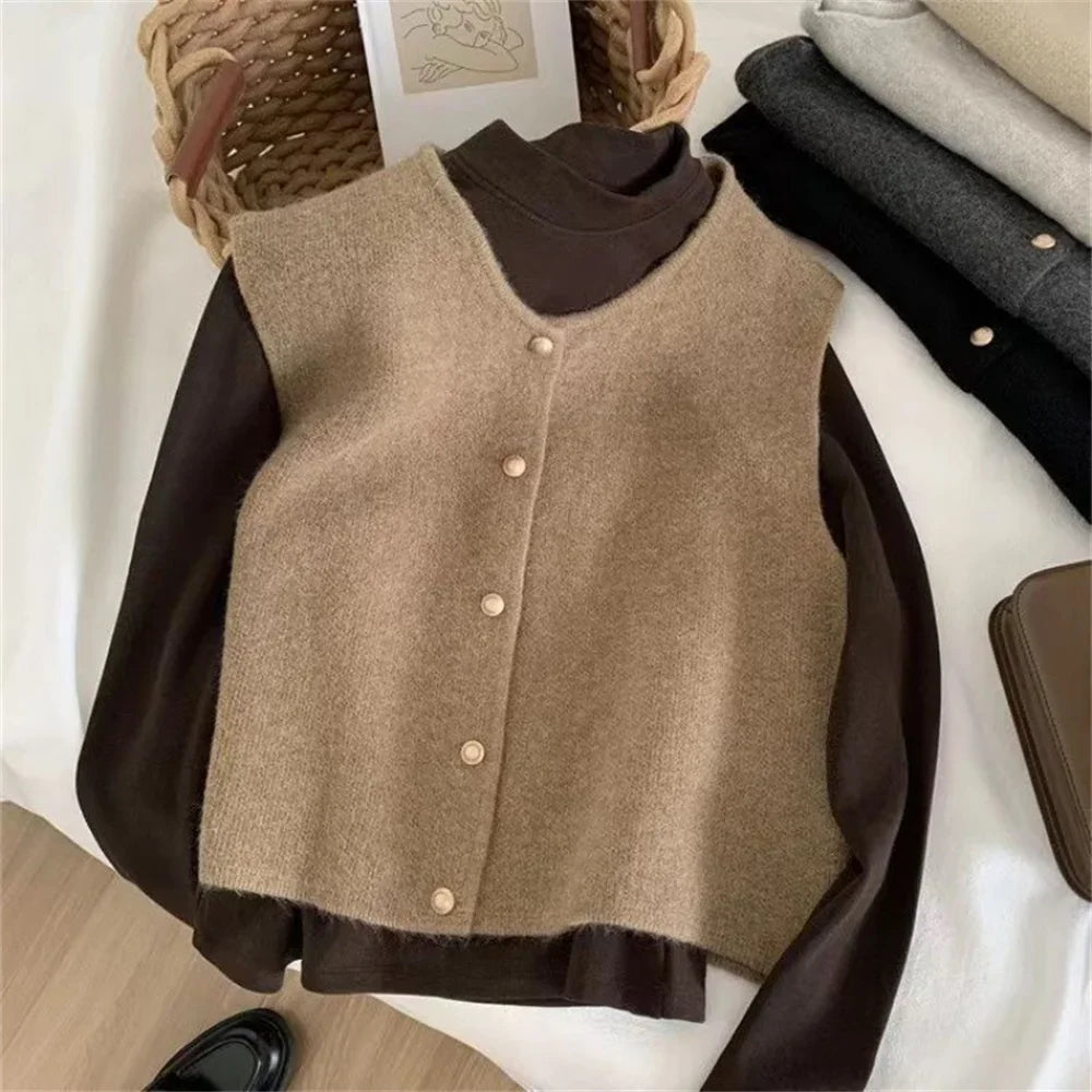 LVSANW Spring Autumn Women's Solid Button V-Neck Sleeveless Casual Fashion Office Lady Elegant Tops Sweater Knitted Cardigan Vest Coats