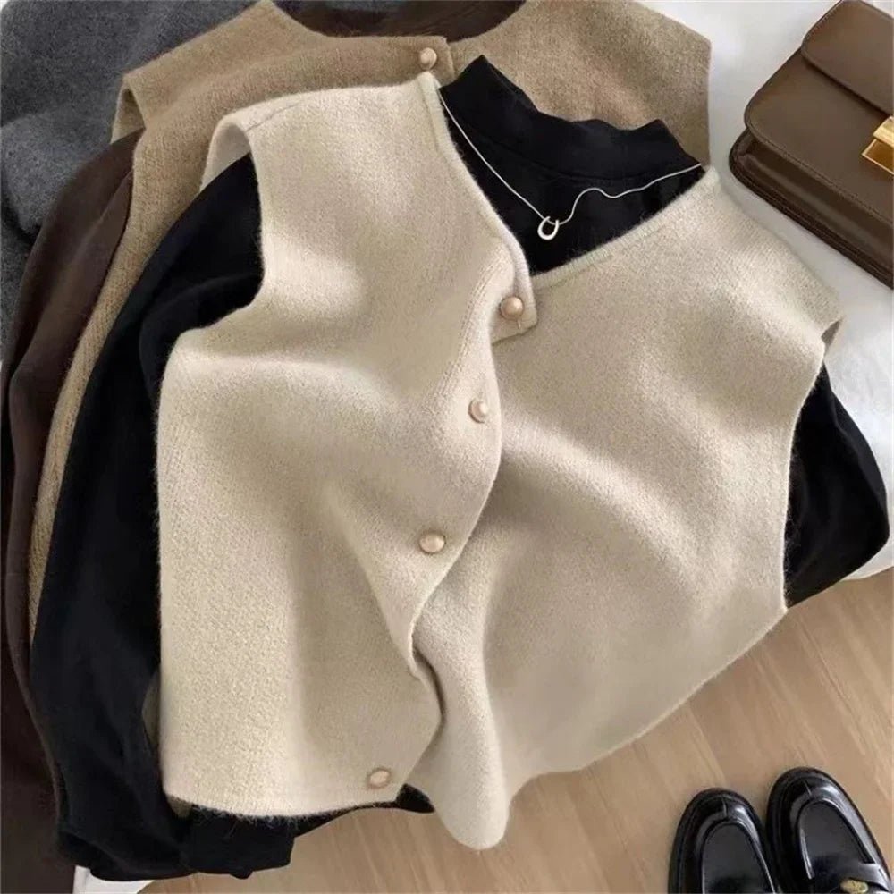 LVSANW Spring Autumn Women's Solid Button V-Neck Sleeveless Casual Fashion Office Lady Elegant Tops Sweater Knitted Cardigan Vest Coats