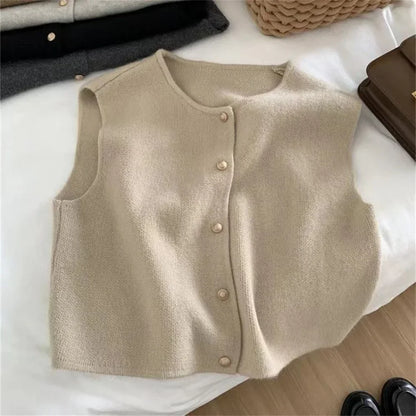 LVSANW Spring Autumn Women's Solid Button V-Neck Sleeveless Casual Fashion Office Lady Elegant Tops Sweater Knitted Cardigan Vest Coats