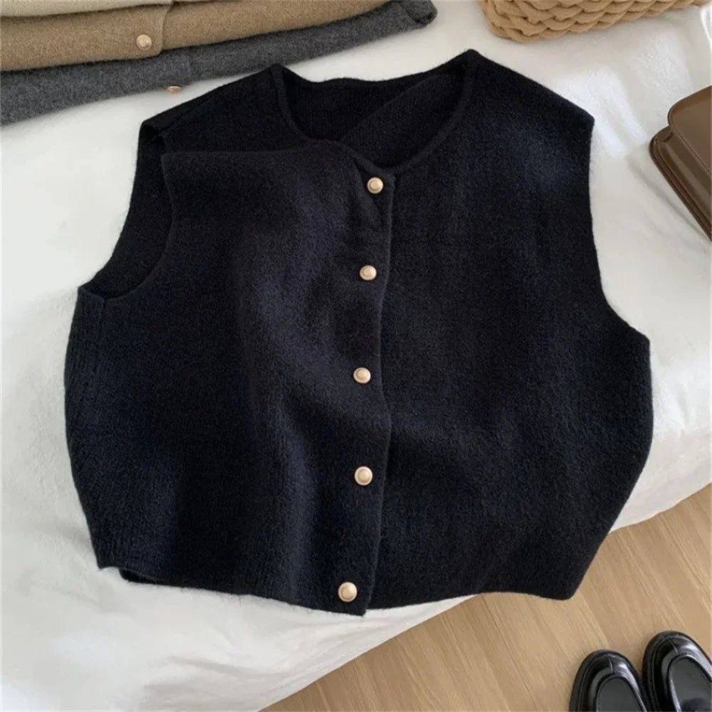 LVSANW Spring Autumn Women's Solid Button V-Neck Sleeveless Casual Fashion Office Lady Elegant Tops Sweater Knitted Cardigan Vest Coats