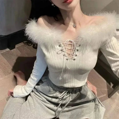 LVSANW Spring Season New Women's Open-Back Sexy Long Sleeve Knitted Top Cropped Collar Base Layer Top Binding Stylish Sweater