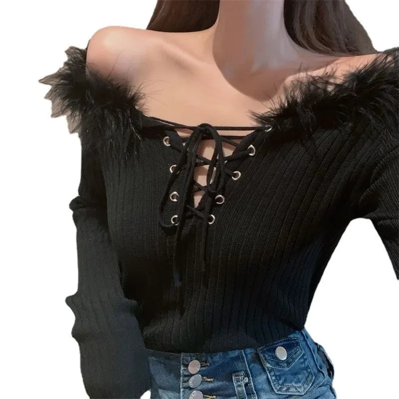 LVSANW Spring Season New Women's Open-Back Sexy Long Sleeve Knitted Top Cropped Collar Base Layer Top Binding Stylish Sweater