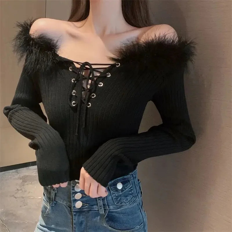 LVSANW Spring Season New Women's Open-Back Sexy Long Sleeve Knitted Top Cropped Collar Base Layer Top Binding Stylish Sweater