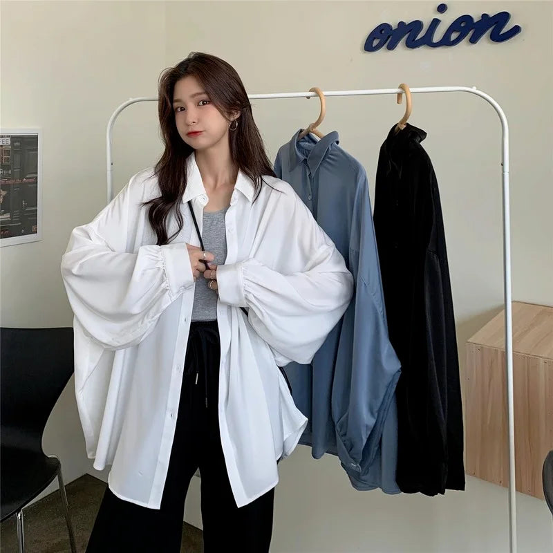 LVSANW Spring Summer 2024 Women Shirt Oversize Elegant Blouses for Women Lantern Sleeve White Shirt Mid-length Shir Coat Women Tunic