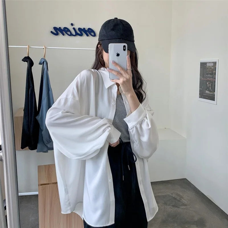 LVSANW Spring Summer 2024 Women Shirt Oversize Elegant Blouses for Women Lantern Sleeve White Shirt Mid-length Shir Coat Women Tunic