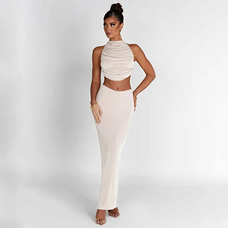 LVSANW Spring Summer 2024 Women Sexy Club Party Outfits Sleeveless Backless Crop Top Camis +Maxi Bodycon Skirt Two Piece Matching Sets