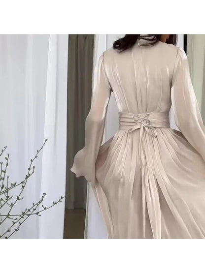 LVSANW Spring Summer Elegant Luxurious Long Dress Muslim Women Fashion Solid Color Flowing Light Long Leeved Lace Up A-line Dress Women