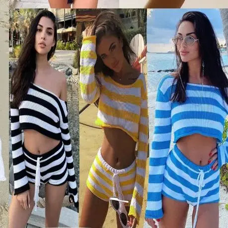 LVSANW Spring/Summer European and American Women's Vacation Leisure Stripe Knitted New Open Navel Sexy Shorts Set