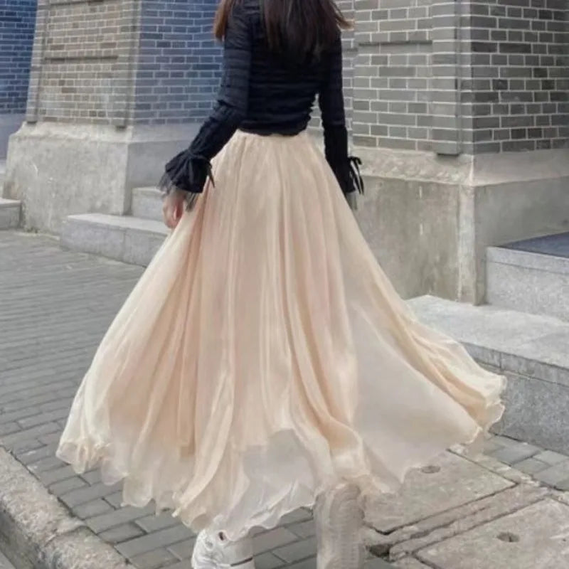 LVSANW Spring Summer Fashion Bright Silk Office Lady Solid Color Skirt Women Elegant Temperament A-line Skirt All-match Long Dress