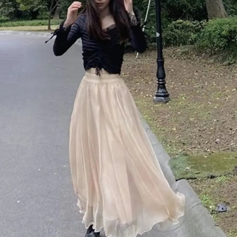 LVSANW Spring Summer Fashion Bright Silk Office Lady Solid Color Skirt Women Elegant Temperament A-line Skirt All-match Long Dress