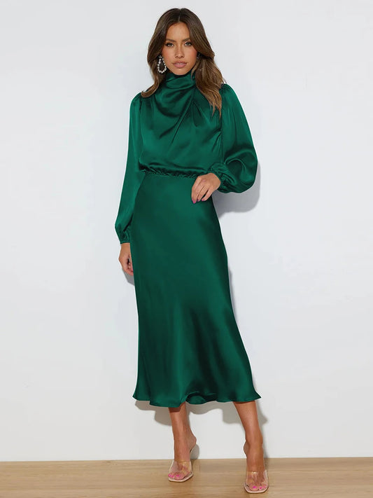 LVSANW Spring Summer New High-End Satin Long Sleeved Dress Women's Ladylike Elegant Evening Dress Party Clothes Celebrity Dresses