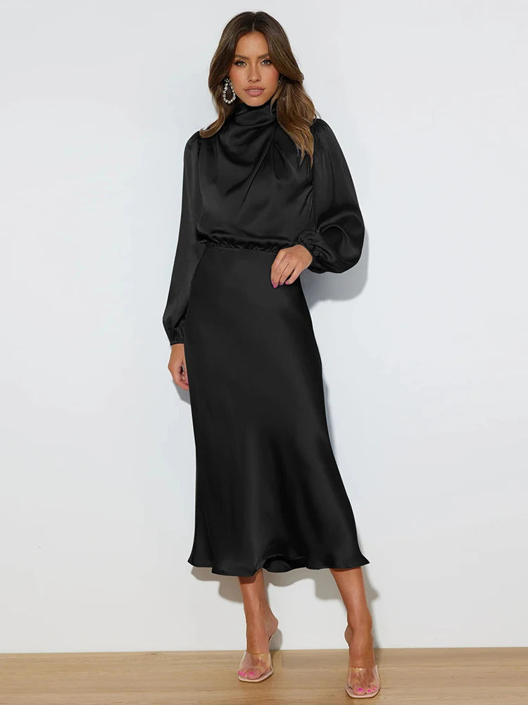 LVSANW Spring Summer New High-End Satin Long Sleeved Dress Women's Ladylike Elegant Evening Dress Party Clothes Celebrity Dresses