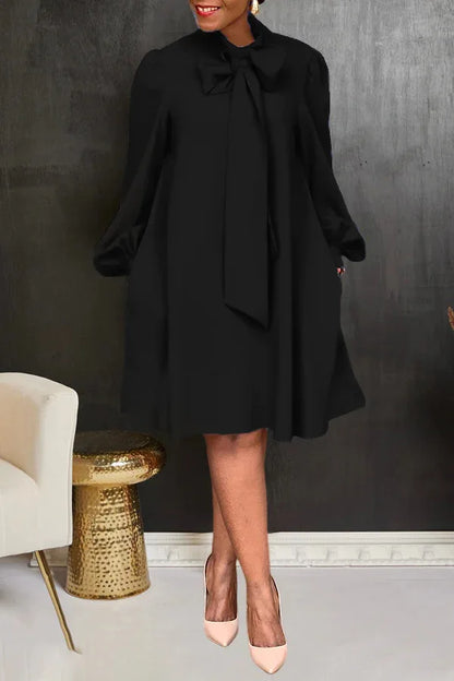 LVSANW Spring Summer Satin Lantern Sleeve Casual Dress Women Fashion Solid Color Bow Neck Loose Fit Party Wedding Work Midi Dress Women