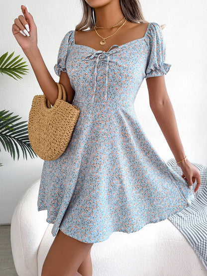 LVSANW Spring Summer Square Collar Floral Ruffles Mini Dress Women Casual Flare Sleeves Drawstring Lace up Print A Line Dress