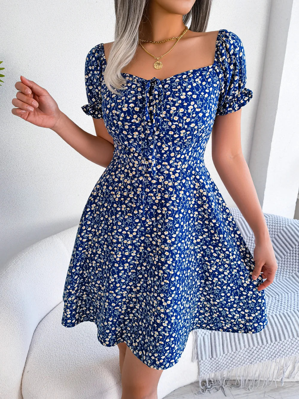 LVSANW Spring Summer Square Collar Floral Ruffles Mini Dress Women Casual Flare Sleeves Drawstring Lace up Print A Line Dress