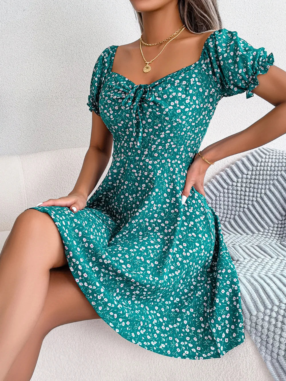 LVSANW Spring Summer Square Collar Floral Ruffles Mini Dress Women Casual Flare Sleeves Drawstring Lace up Print A Line Dress