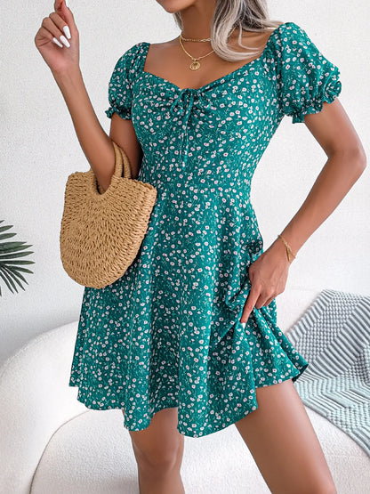 LVSANW Spring Summer Square Collar Floral Ruffles Mini Dress Women Casual Flare Sleeves Drawstring Lace up Print A Line Dress