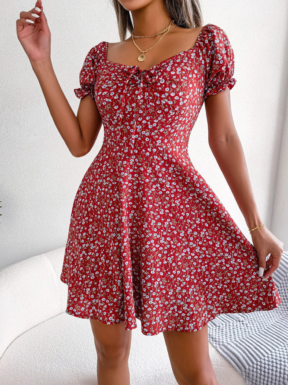 LVSANW Spring Summer Square Collar Floral Ruffles Mini Dress Women Casual Flare Sleeves Drawstring Lace up Print A Line Dress