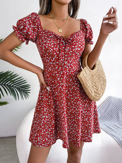 LVSANW Spring Summer Square Collar Floral Ruffles Mini Dress Women Casual Flare Sleeves Drawstring Lace up Print A Line Dress