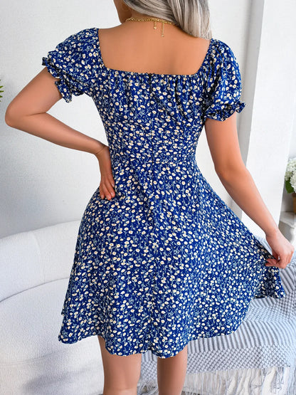 LVSANW Spring Summer Square Collar Floral Ruffles Mini Dress Women Casual Flare Sleeves Drawstring Lace up Print A Line Dress