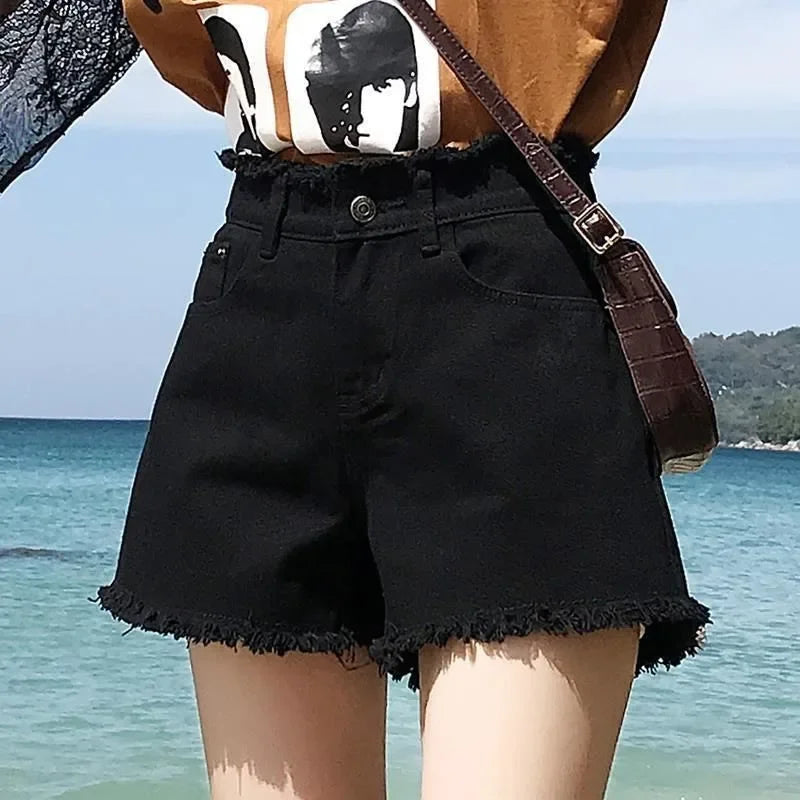 LVSANW Spring Summer Women Denim Shorts Women Wide Leg Short Jeans Fashion Female High Waist Black Tassels Caual Shorts Girls