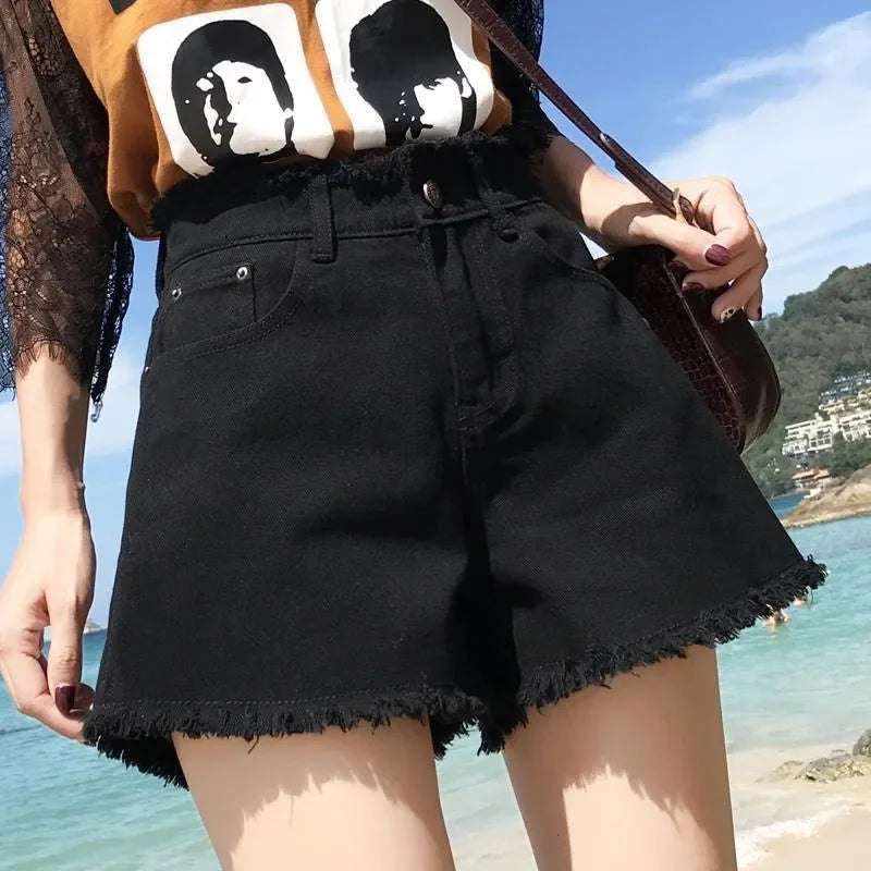 LVSANW Spring Summer Women Denim Shorts Women Wide Leg Short Jeans Fashion Female High Waist Black Tassels Caual Shorts Girls