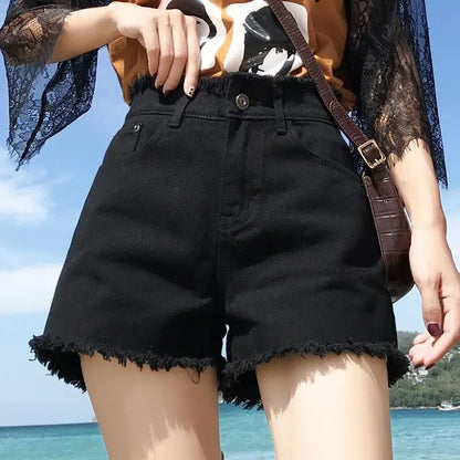 LVSANW Spring Summer Women Denim Shorts Women Wide Leg Short Jeans Fashion Female High Waist Black Tassels Caual Shorts Girls