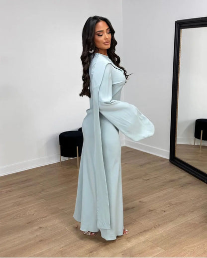 LVSANW Spring/Summer Women's New Solid Color Satin Long sleeved High Waist Fishtail Long Skirt Casual Elegant Temperament Women's Dress