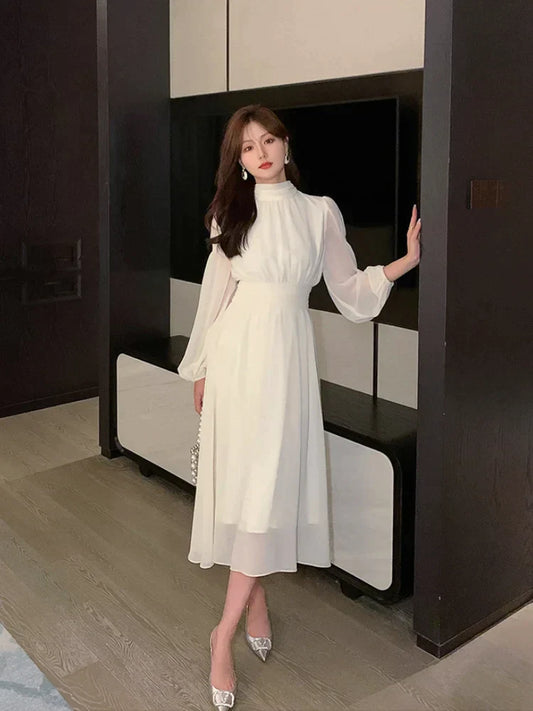 LVSANW Spring Turtleneck White Midi Dress Women Long Sleeve French Elegant Temperament One Piece Dress Evening Party Prom Robe Female