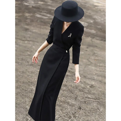 LVSANW Spring Women's Temperament Dress Suit Collar Long Dress Commuter V-neck High Waist Cover Meat Slimming Dress