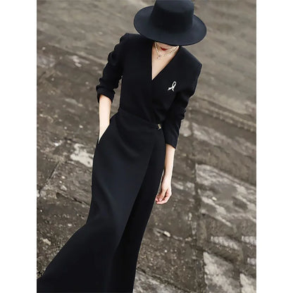 LVSANW Spring Women's Temperament Dress Suit Collar Long Dress Commuter V-neck High Waist Cover Meat Slimming Dress