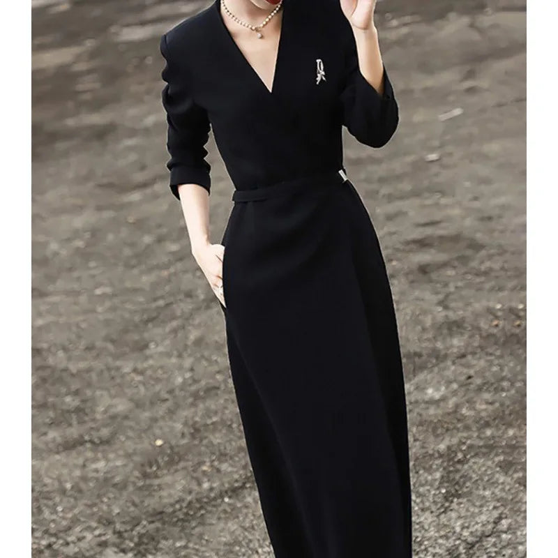 LVSANW Spring Women's Temperament Dress Suit Collar Long Dress Commuter V-neck High Waist Cover Meat Slimming Dress