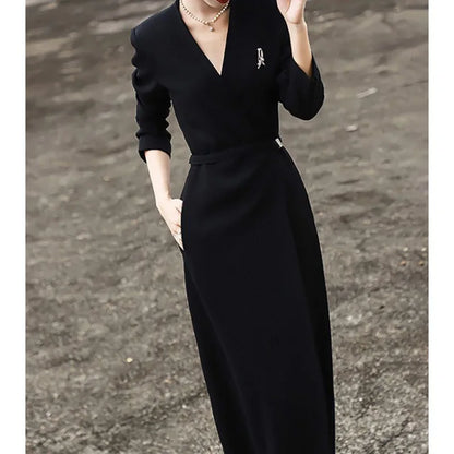 LVSANW Spring Women's Temperament Dress Suit Collar Long Dress Commuter V-neck High Waist Cover Meat Slimming Dress