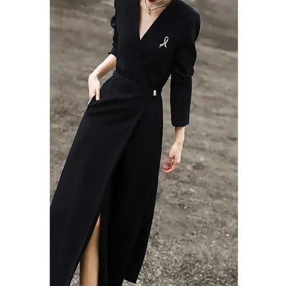 LVSANW Spring Women's Temperament Dress Suit Collar Long Dress Commuter V-neck High Waist Cover Meat Slimming Dress