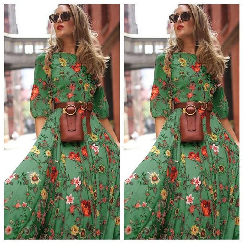 LVSANW Spring and Autumn New Cross-border Dress in Europe and the United States Printed Big Swing Temperament Chiffon Flower Slim Fit D