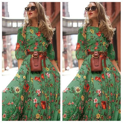 LVSANW Spring and Autumn New Cross-border Dress in Europe and the United States Printed Big Swing Temperament Chiffon Flower Slim Fit D