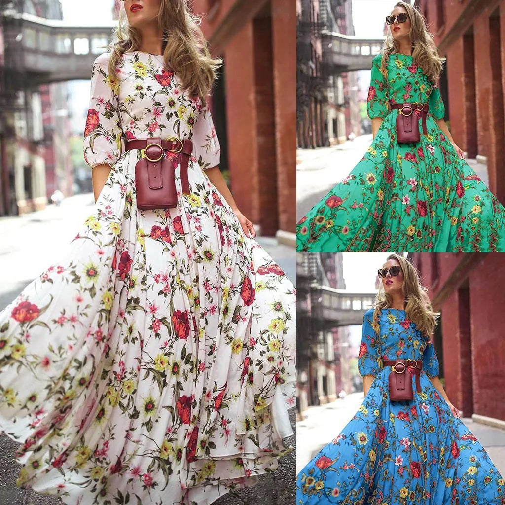 LVSANW Spring and Autumn New Cross-border Dress in Europe and the United States Printed Big Swing Temperament Chiffon Flower Slim Fit D