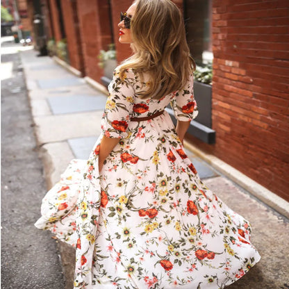 LVSANW Spring and Autumn New Cross-border Dress in Europe and the United States Printed Big Swing Temperament Chiffon Flower Slim Fit D