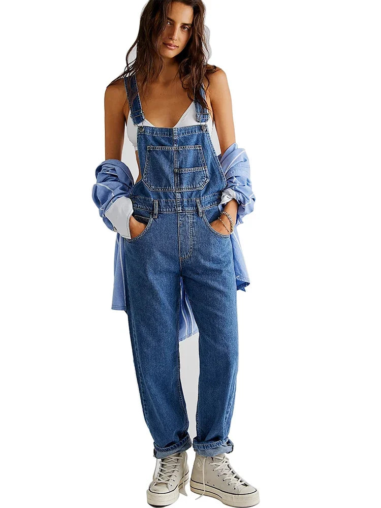 LVSANW Spring and summer blue denim jumpsuit women's casual denim work clothes denim overalls large size loose slim fit retro jumpsuit