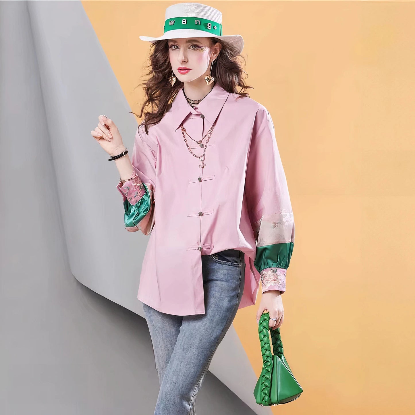 LVSANW Spring high quality New Pink Women's Shirt Contrast Color Stitching Loose Embroidered Casual blous Top for women