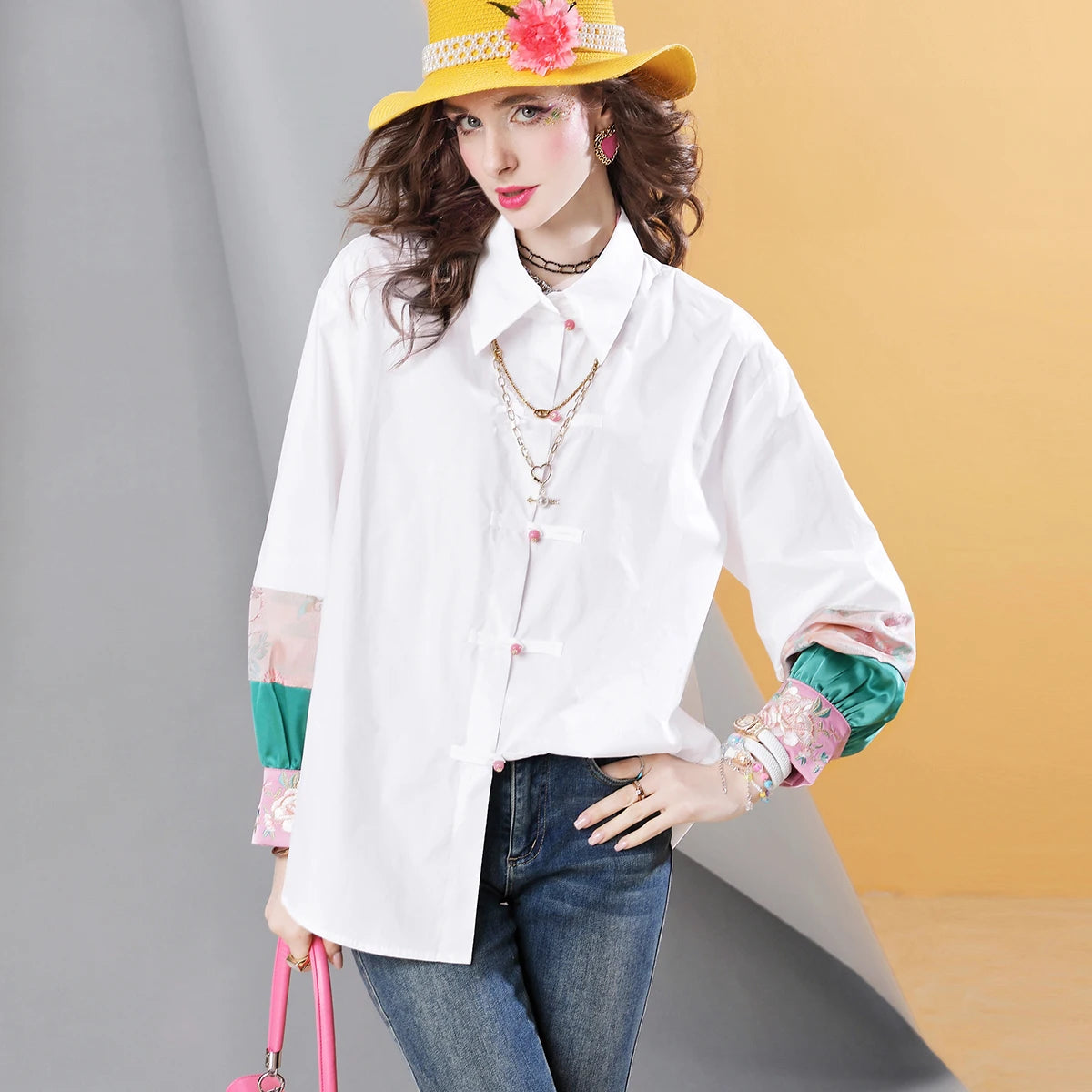 LVSANW Spring high quality New Pink Women's Shirt Contrast Color Stitching Loose Embroidered Casual blous Top for women