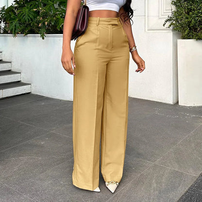 LVSANW Stigende Casual Wide Leg Straight Pants Women Plain Color Bodycon Pocket Office Pants Female Loose Fit Midi Waist Trousers