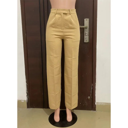 LVSANW Stigende Casual Wide Leg Straight Pants Women Plain Color Bodycon Pocket Office Pants Female Loose Fit Midi Waist Trousers