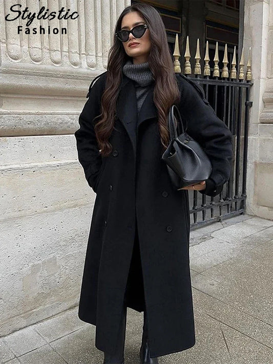 LVSANW Street Long Trench Coat With Belt Women Black Loose Lapel Double Breasted Full Sleeve Overcoat 2024 Autumn Winter Lady Outwear