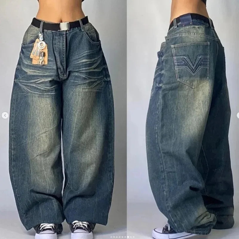 LVSANW Streetwear American New Washed Light Blue Baggy Jeans Men And Women Y2K High Street Fashion Retro Punk High Waist Wide Trousers