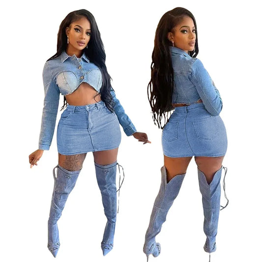 LVSANW Stretch Denim Two Piece Set Women Turn Down Collar Long Sleeve Single Breasted Crop Jackets Top Bodycon Mini Skirts Jeans Suit