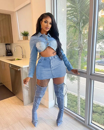 LVSANW Stretch Denim Two Piece Set Women Turn Down Collar Long Sleeve Single Breasted Crop Jackets Top Bodycon Mini Skirts Jeans Suit