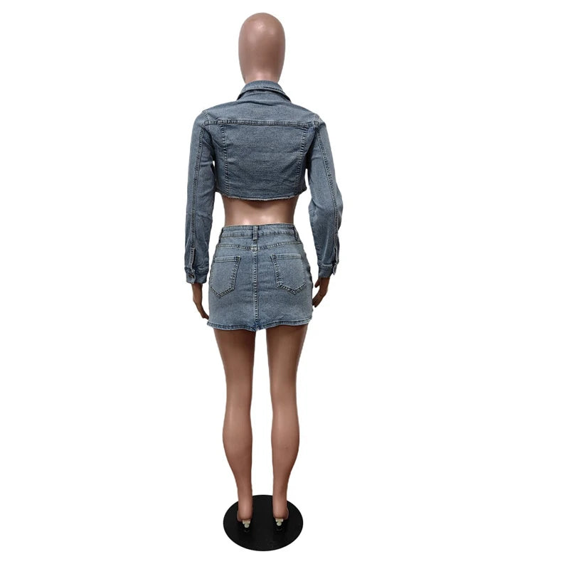 LVSANW Stretch Denim Two Piece Set Women Turn Down Collar Long Sleeve Single Breasted Crop Jackets Top Bodycon Mini Skirts Jeans Suit