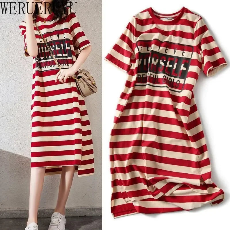 LVSANW Striped Print Short Sleeve Midi Dress Summer Aesthetic Clothes Korean Fashion Casual Harajuku Dresses for Women 2024 Vestidos